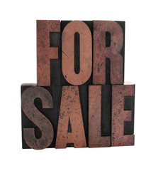 the term 'for sale in old letterpress wood letters