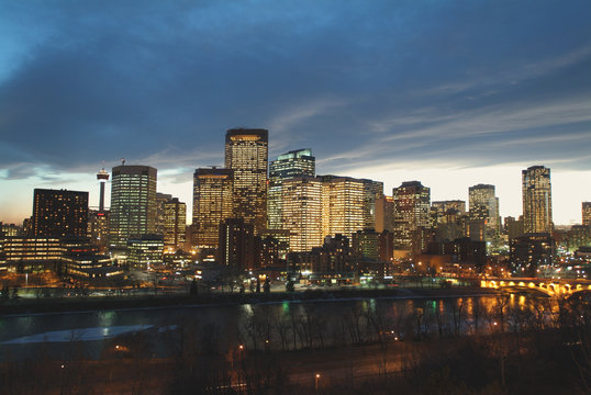 Downtown Calgary city lights at dusk