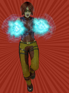 Sexy comic character powering up with plasma charge.