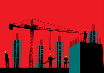 Silhouette of construction site with workers and scaffolding