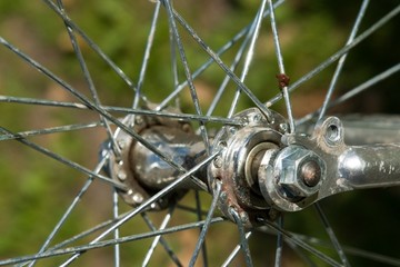 Bicycle wheel close up. Metal spokes.