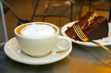 cup of coffee and chocolate cake