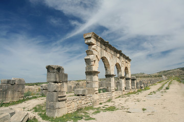 Fototapeta na wymiar Perspektywa starożytnej rzymskiej kolumny w Volubilis, Maroko