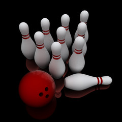 Bowling ball and pins on black