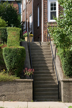 cement steps with flower pots