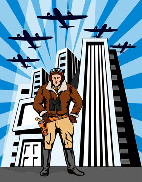 Space cowboy with buildings and planes in the background