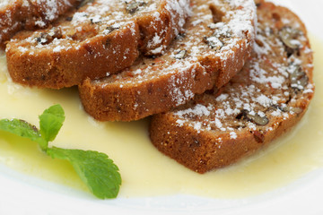 warm carrot cake with vanilla sauce