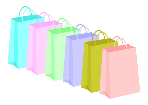 Shopping bags row with different colors over white background