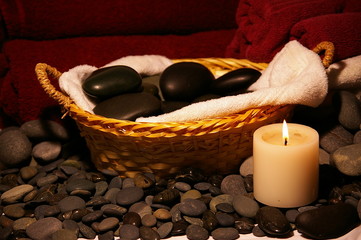 Basket of massage Stones with Candle