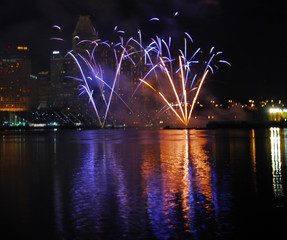 fire work display in the city water front bay