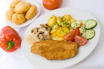 Paniertes Schnitzel mit Bratkartoffeln,Tomaten-Salat 14