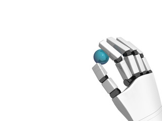 robotic hand, holding a blue reflective sphere. Rendering