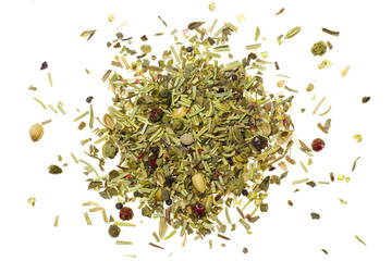 Pile of mixed herbs isolated on white background