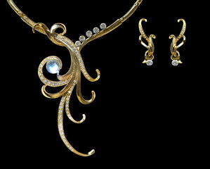 Gold necklace and earring with effect of a luminescence