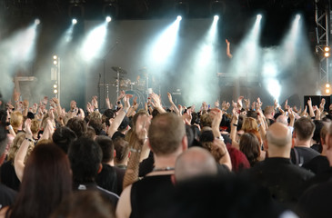Cheering crowd at concert, musicians on the stage