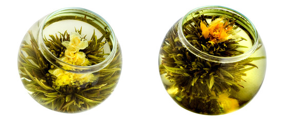 Two bowls of green tea with chrysanthemums