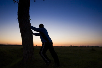 A man's silhouette in the sunset with a tree