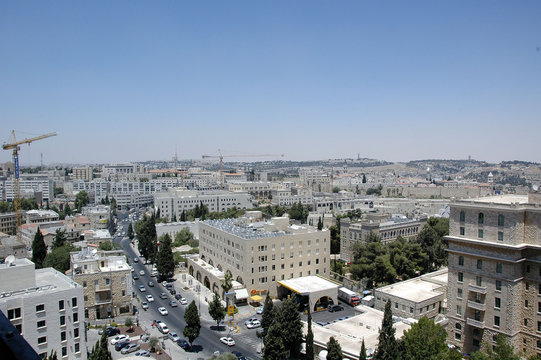 Aerial view of Jerusalem with building cranes