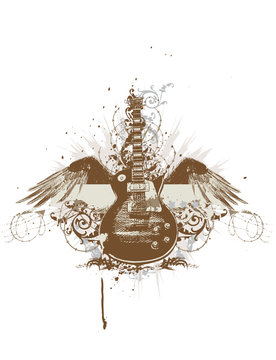 Flying  guitar with wings and grunge background