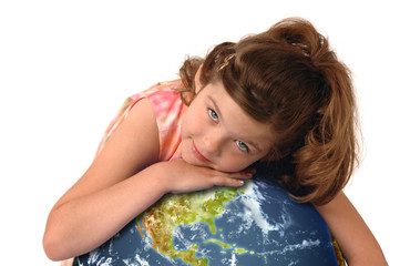 Fototapeta premium Little girl hugging planet earth