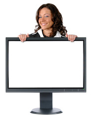 Monitor and businesswoman with blank monitor