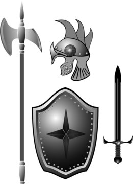 Knightly armour board, sword, helmet.