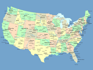 Obraz premium Mapa USA z nazwami stanów i miast