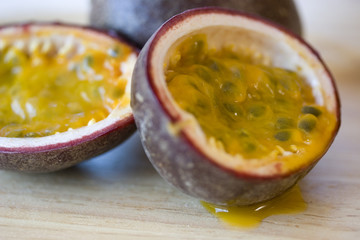 Passionfruit on a chopping block