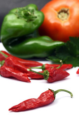 red peppers, green pepper and tomato