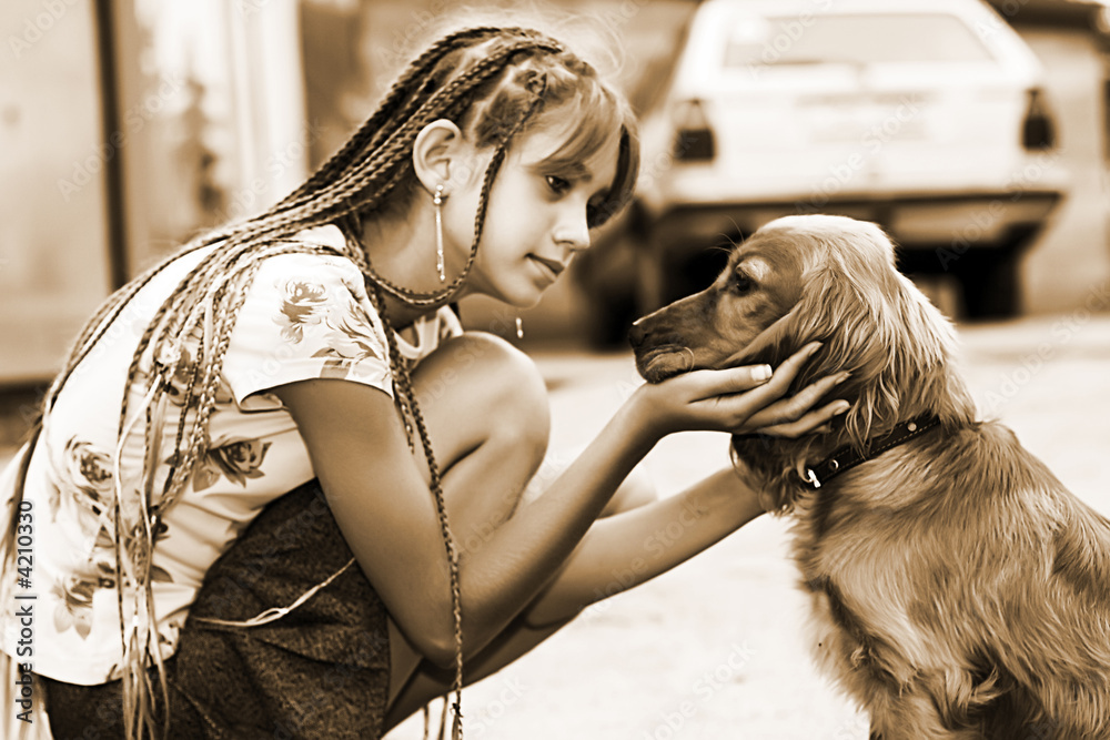 Sticker little girl with puppy