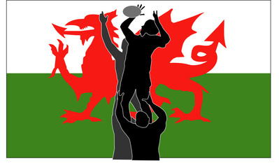 Rugby lineout with Welsh flag
