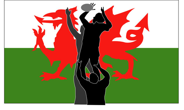 Rugby lineout with Welsh flag