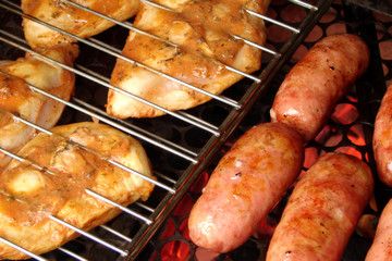 Barbecue grilled chicken and Brats