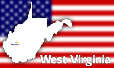West Virginia state contour against blurred USA flag