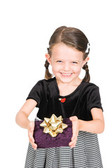 little girl giving gift, isolated over white