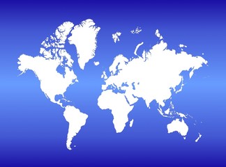 Detailed white map of the world on blue gradient background