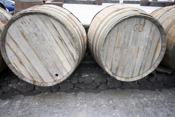 group of wooden wine barrels