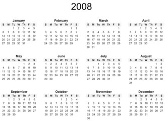 2008 Year calendar, simple, against white background