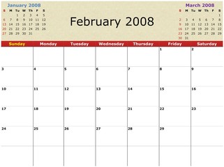 Monthly calendar, white background, 2008 Year