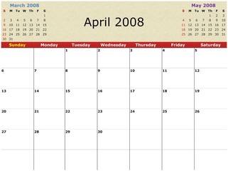 Monthly calendar, white background, 2008 Year