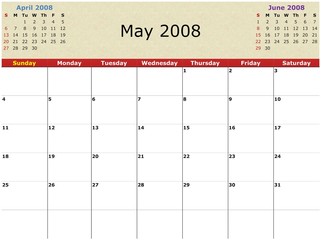 Monthly calendar, white background, 2008 Year