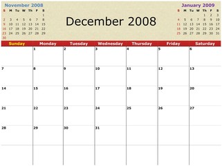 Monthly calendar, white background, 2008 Year