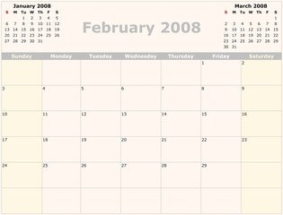 Sunday to Saturday monthly calendar, 2008 Year