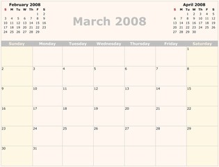 Sunday to Saturday monthly calendar, 2008 Year