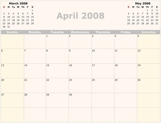 Sunday to Saturday monthly calendar, 2008 Year