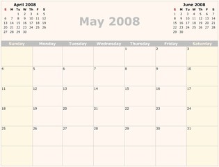 Sunday to Saturday monthly calendar, 2008 Year