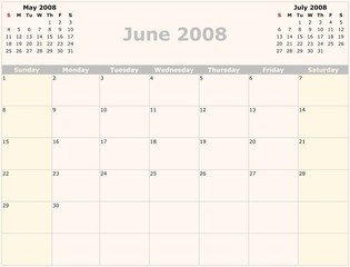 Sunday to Saturday monthly calendar, 2008 Year
