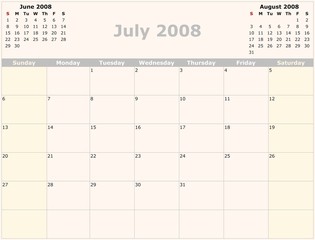 Sunday to Saturday monthly calendar, 2008 Year