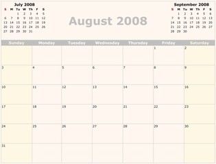 Sunday to Saturday monthly calendar, 2008 Year