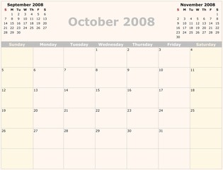 Sunday to Saturday monthly calendar, 2008 Year
